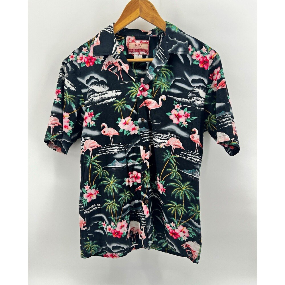RJC Men's Black Flamingo Floral Hawaiian Short-Sleeve Button-Up Shirt M